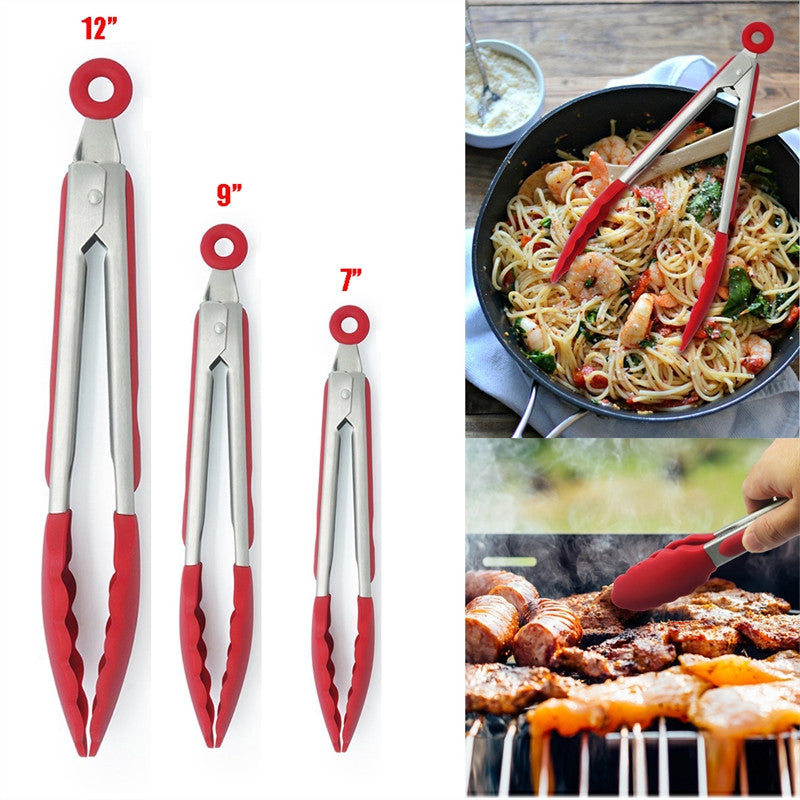 3Pcs Kitchen Food Tongs Stainless Steel + Silicone Non-Stick BBQ Cooking  Tongs